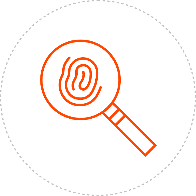 A fingerprint under a magnifying glass icon