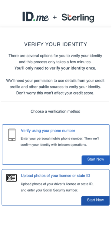 Screenshots of ID.me + Sterling demo