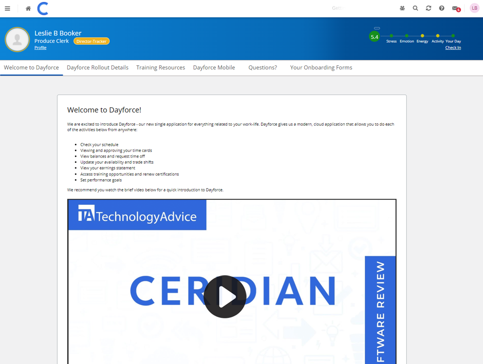 Screenshots of Ceridian Dayforce platform.