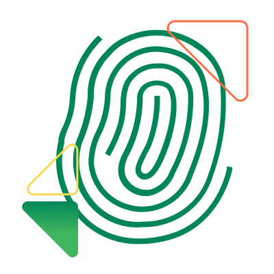 A fingerprint under a magnifying glass icon
