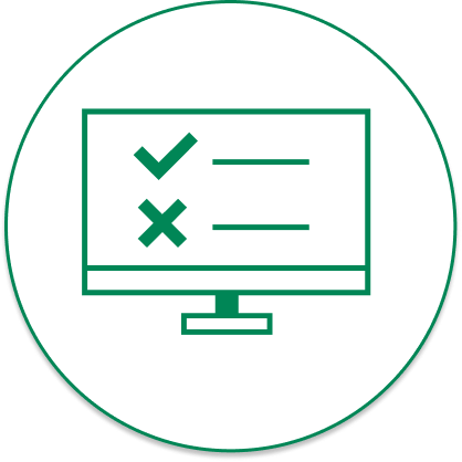 Clipboard icon with two checkmarks and warning graphic.